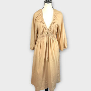 Universal Thread Tie-Front Midi Dress MEDIUM Linen Blend Pockets Tan Western NEW
